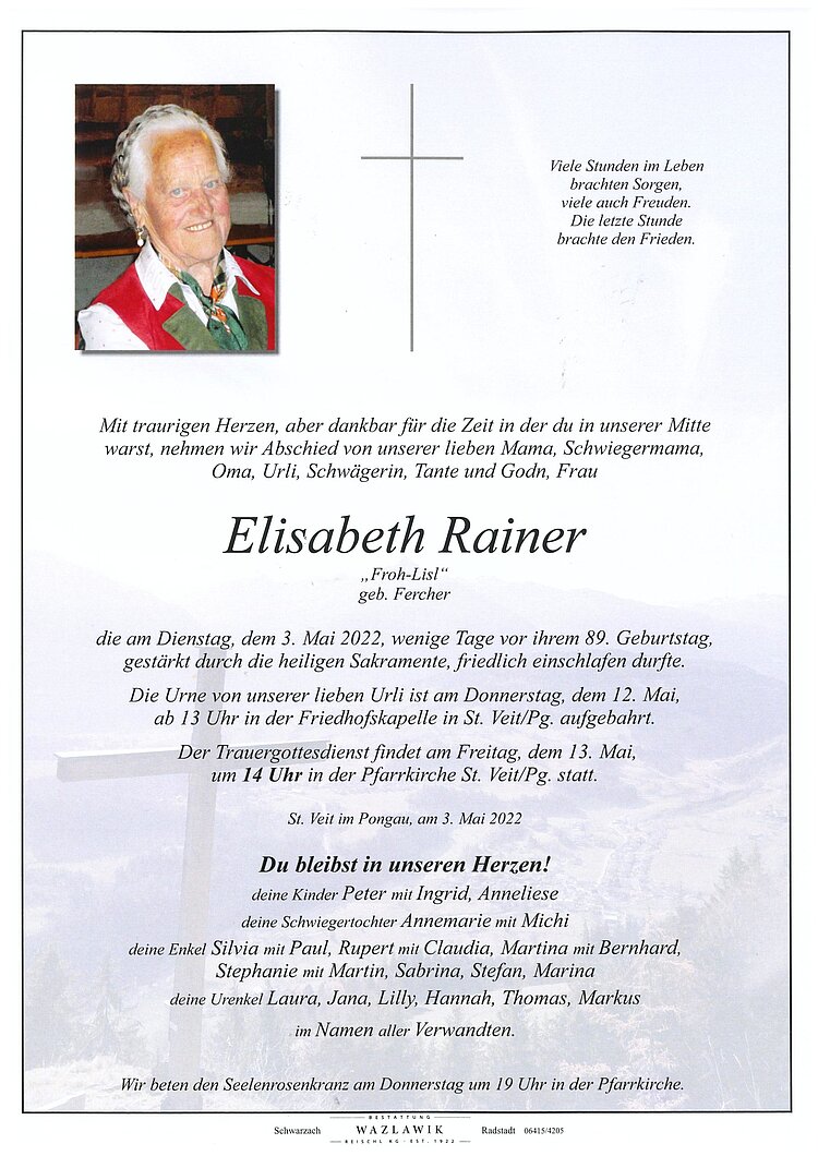 Parte von Elisabeth Rainer † 03.05.2022