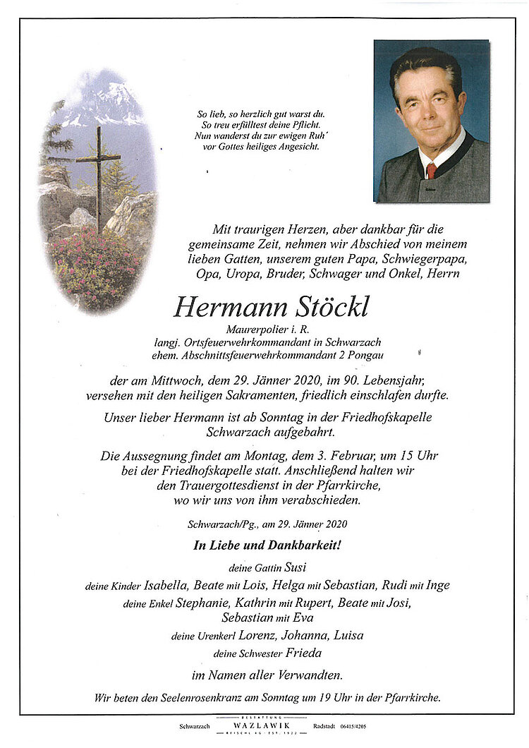 Parte von Hermann Stöckl † 29.01.2020