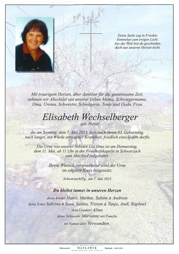 Parte von Elisabeth Wechselberger † 07.05.2023