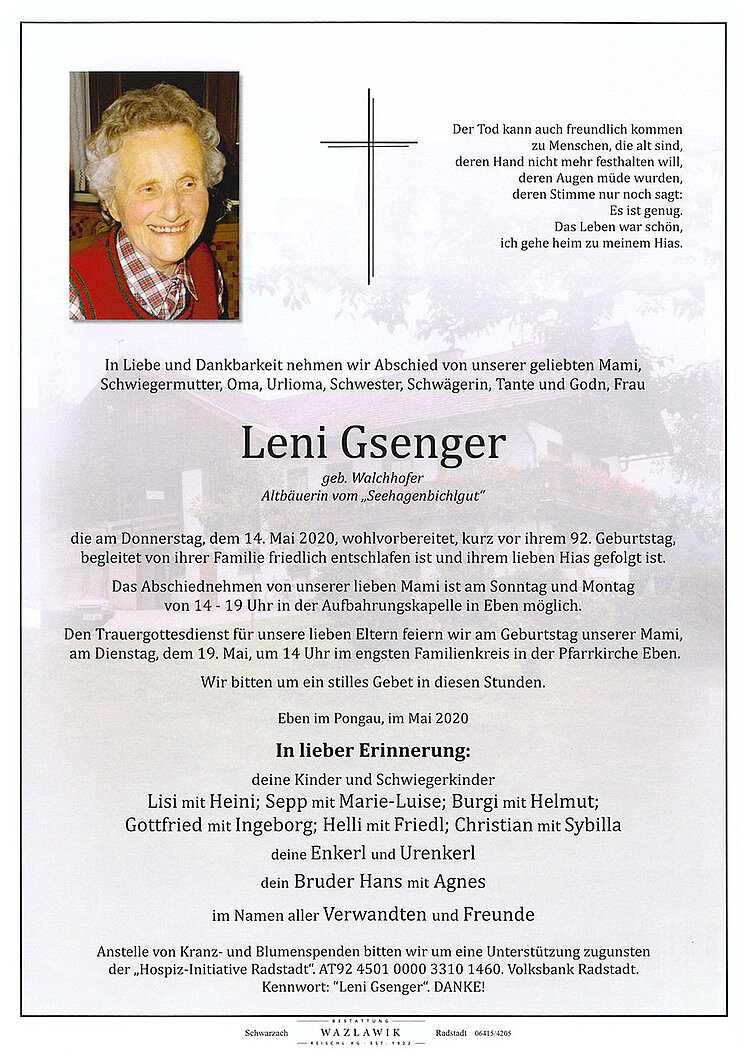 Parte von Leni Gsenger † 14.05.2020