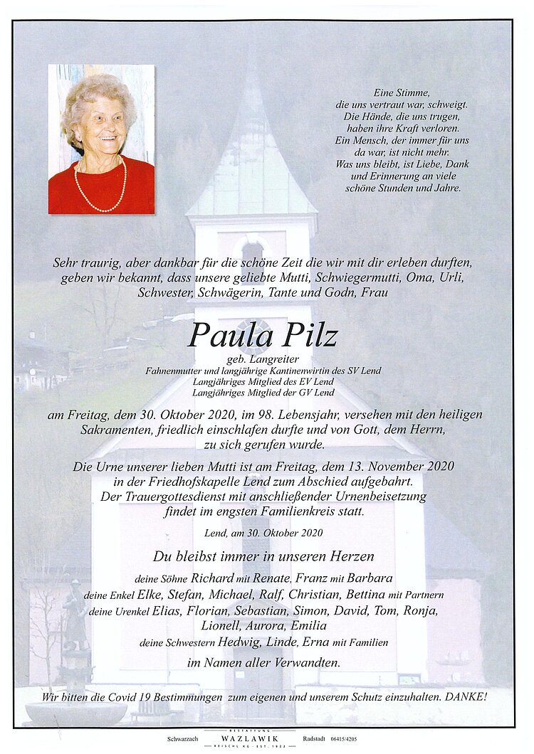 Parte von Paula Pilz † 30.10.2020