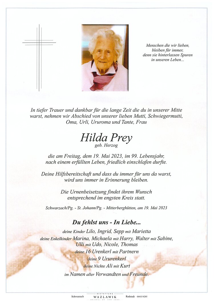 Parte von Hilda Prey † 19.05.2023