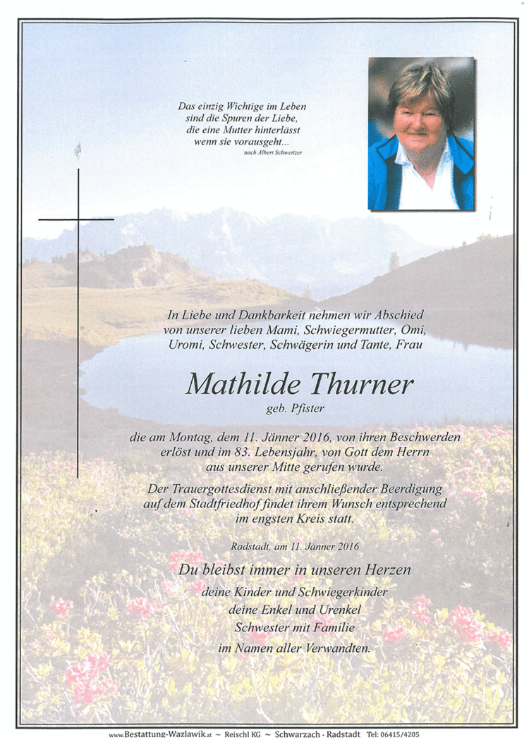 Parte von Mathilde Thurner † 11.01.2016