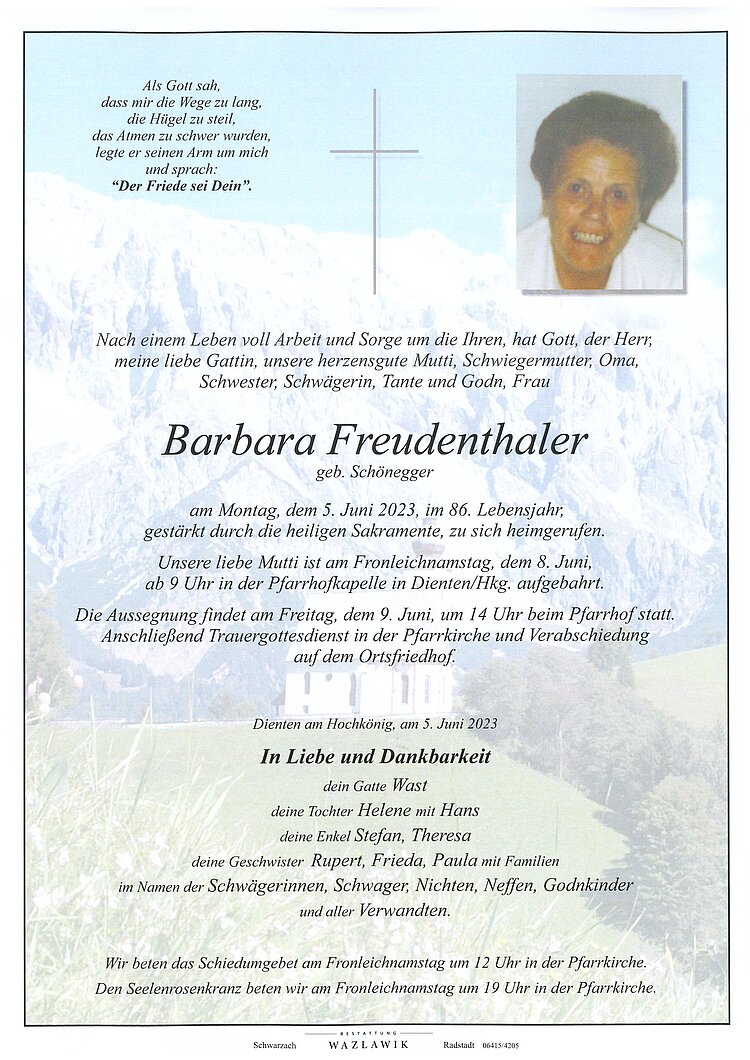 Parte von Barbara Freudenthaler † 05.06.2023
