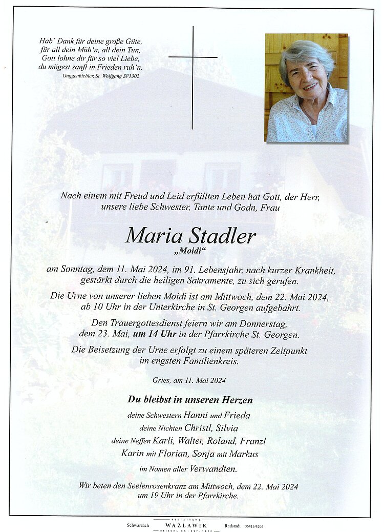 Parte von Maria Stadler † 11.05.2024