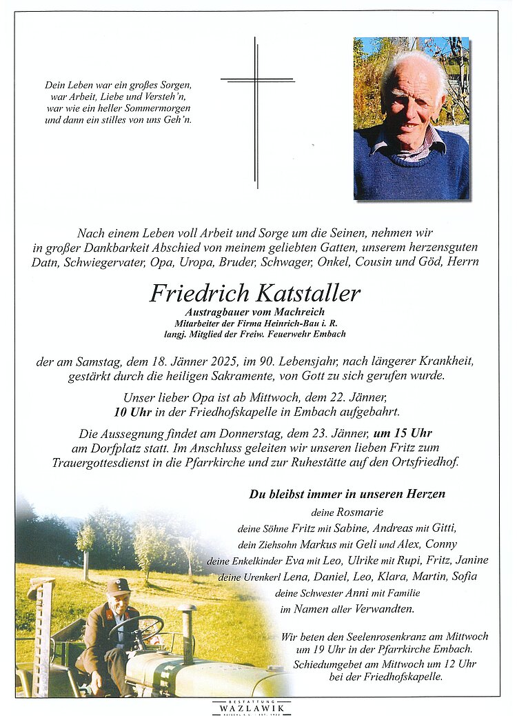 Parte von Friedrich Katstaller † 18.01.2025