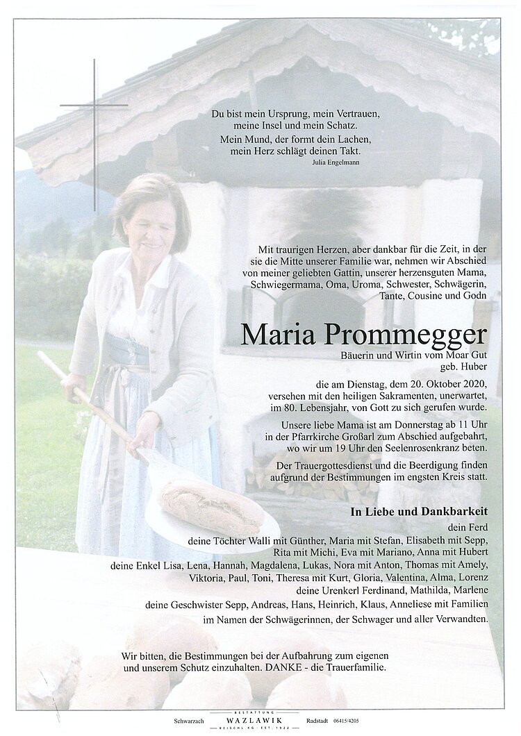 Parte von Maria Prommegger † 20.10.2020