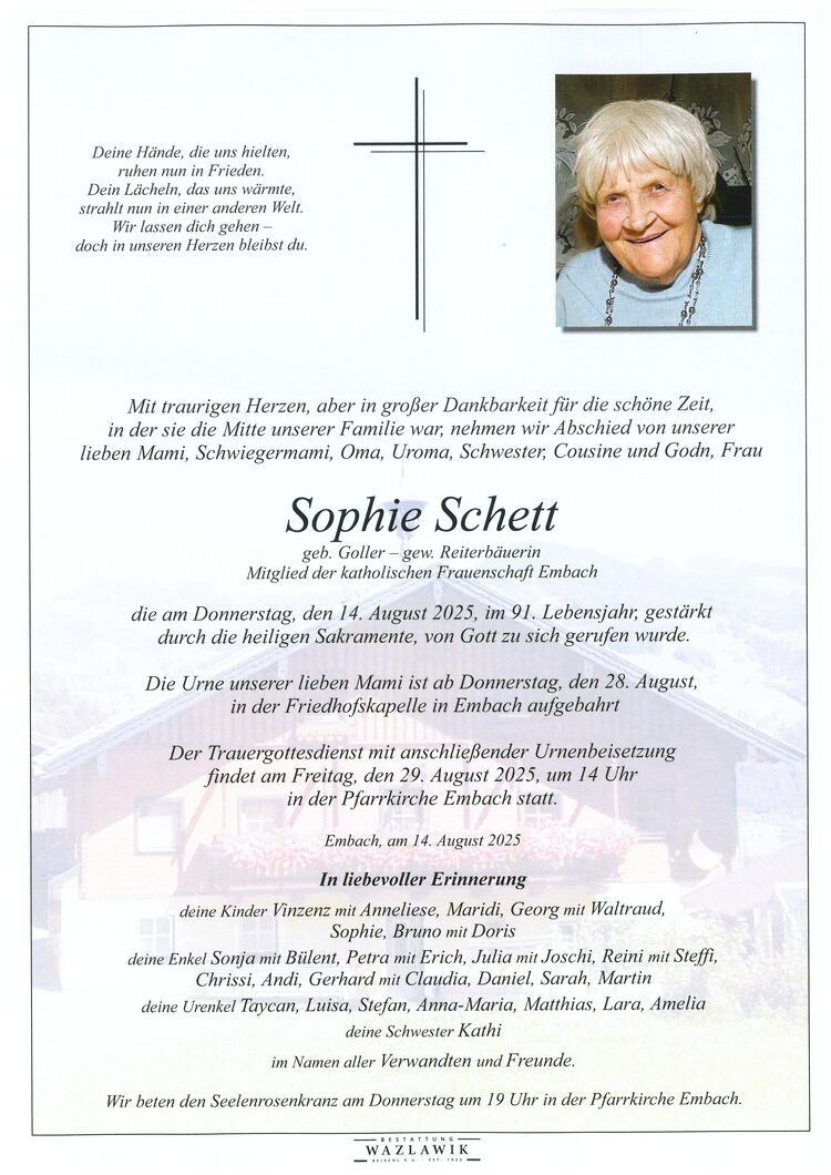 Parte von Sophie Schett † 14.08.2025