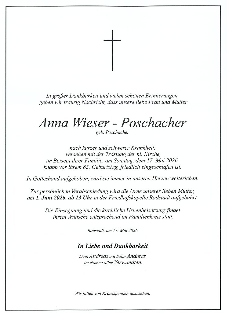 Parte von Anna Wieser-Poschacher † 17.05.2026