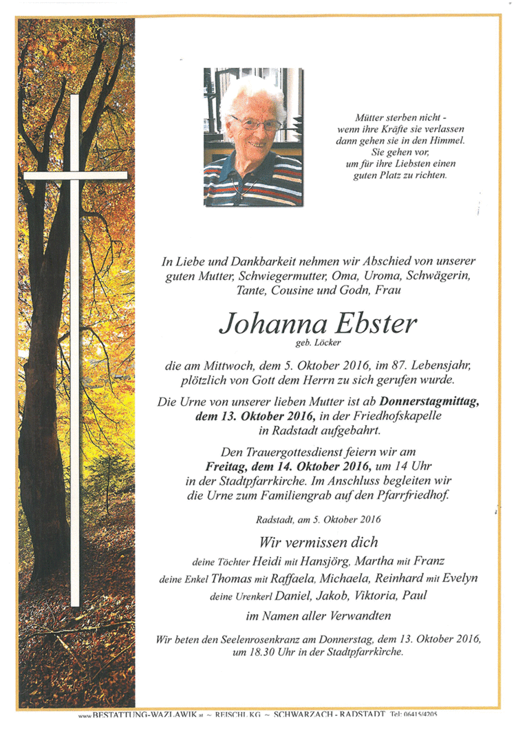 Parte von Johanna Ebster † 05.10.2016