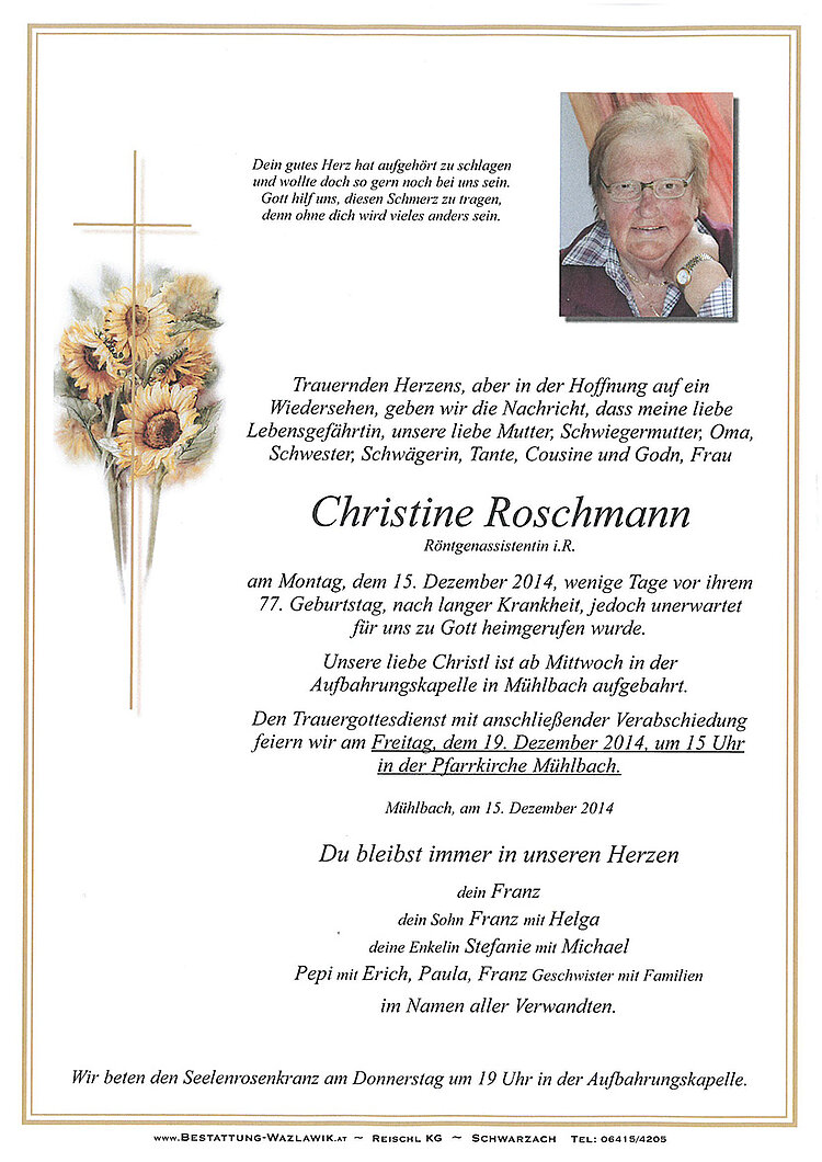 Parte von Christine Roschmann † 15.12.2014