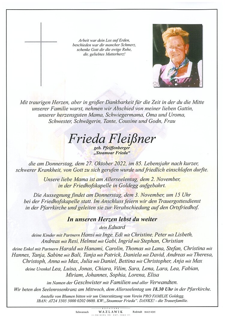 Parte von Frieda Fleißner † 27.10.2022