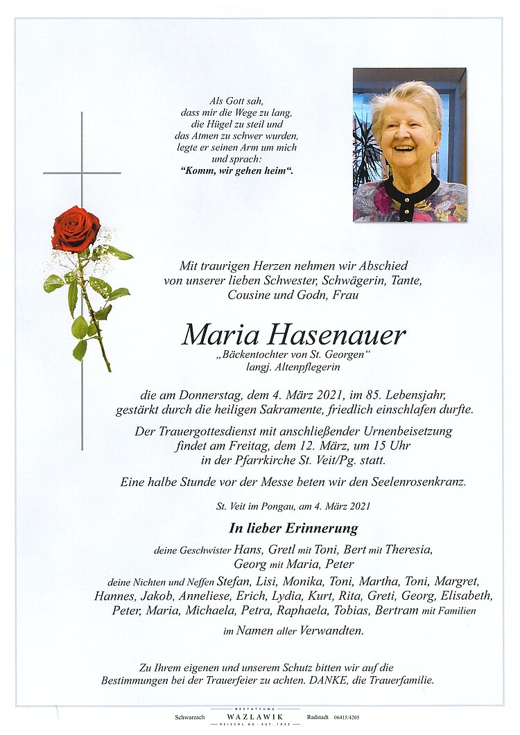 Parte von Maria Hasenauer † 04.03.2021
