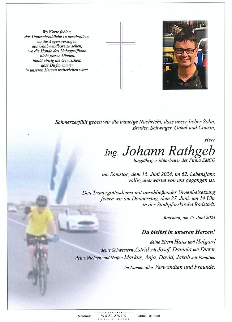 Parte von Ing. Johann Rathgeb † 15.06.2024