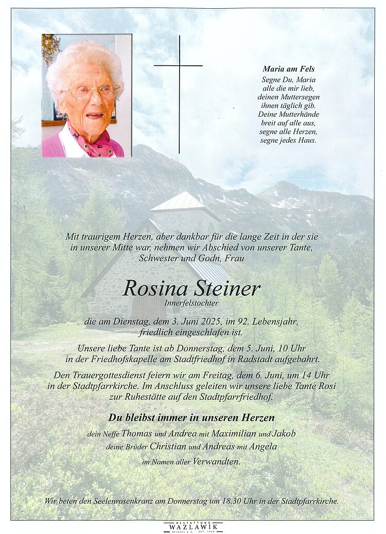 Parte von Rosina Steiner † 03.06.2025
