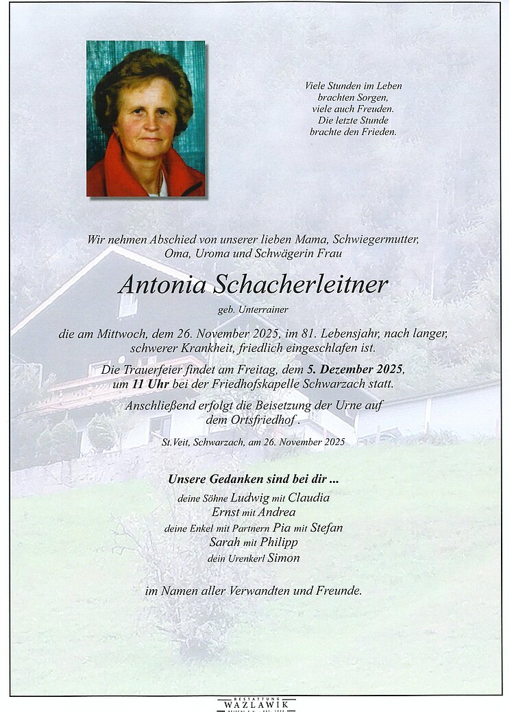 Parte von Antonia Schacherleitner † 26.11.2025
