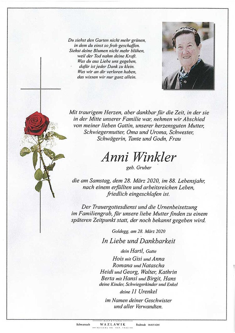 Parte von Anni Winkler † 28.03.2020