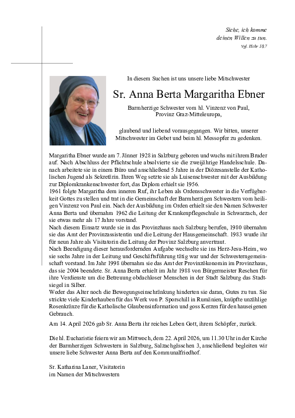 Parte von Sr. Anna Berta Margaritha Ebner † 14.04.2026