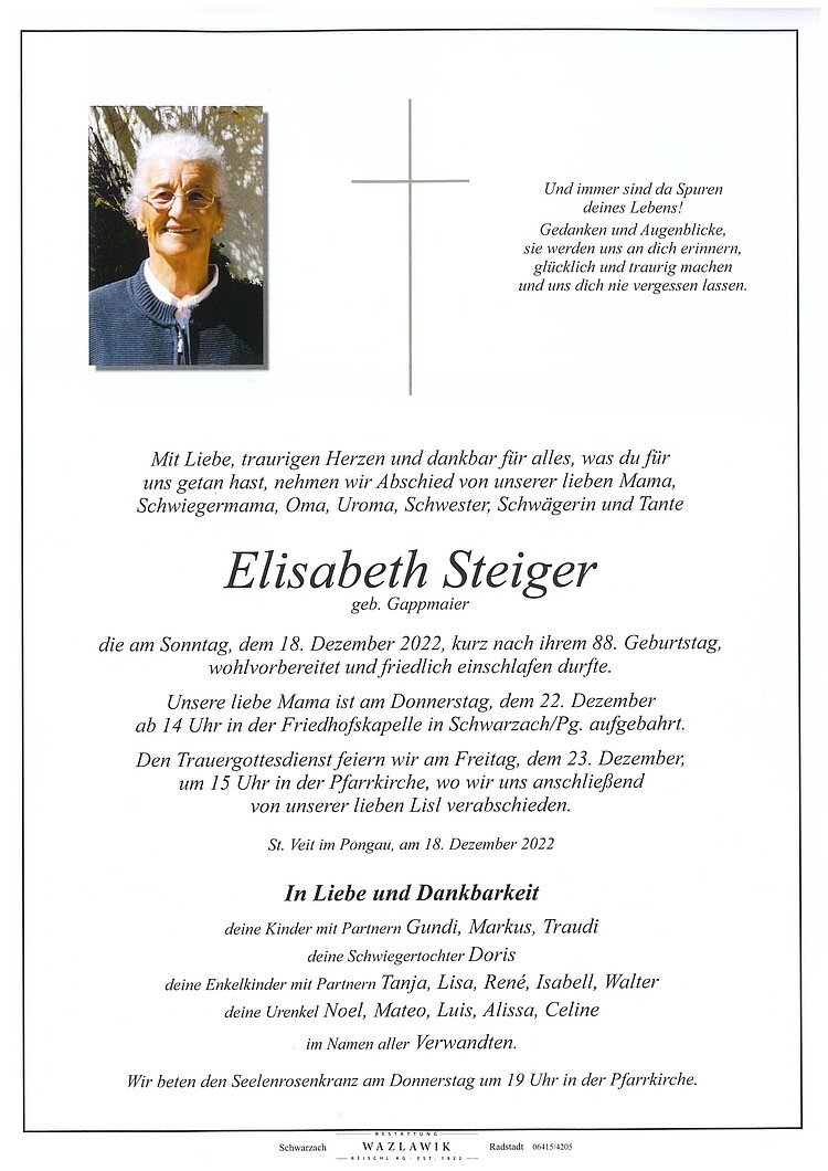 Parte von Elisabeth Steiger † 18.12.2022