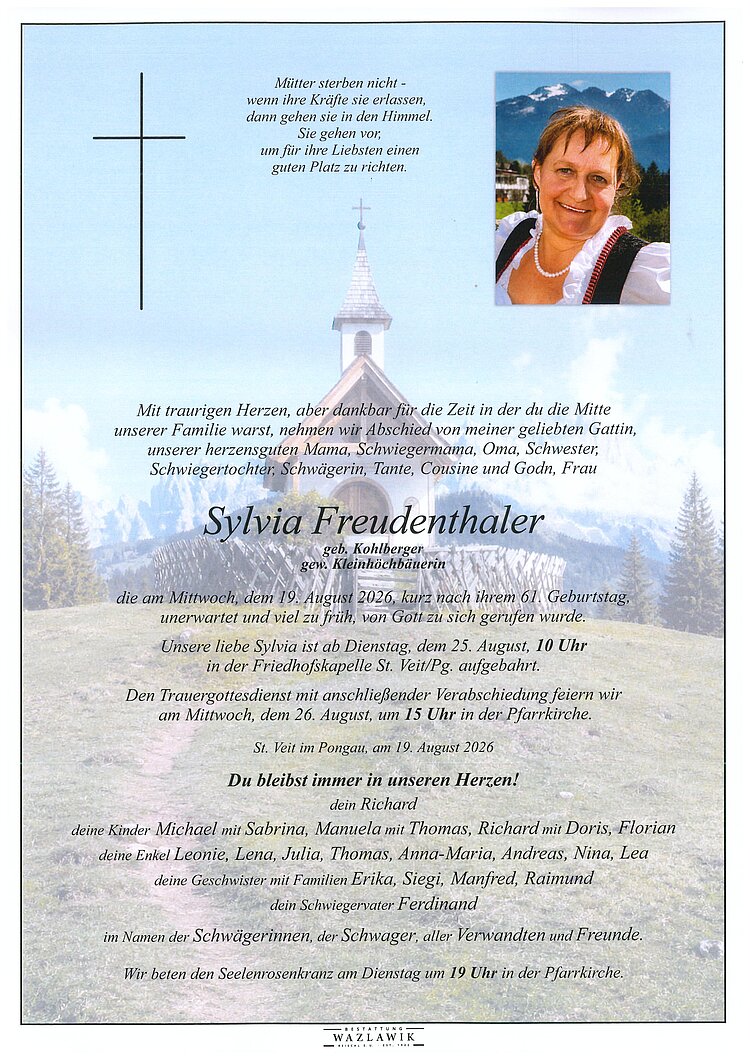 Parte von Sylvia Freudenthaler † 19.08.2026