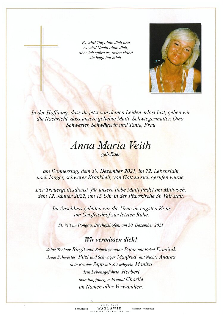 Parte von Anna Maria Veith † 30.12.2021