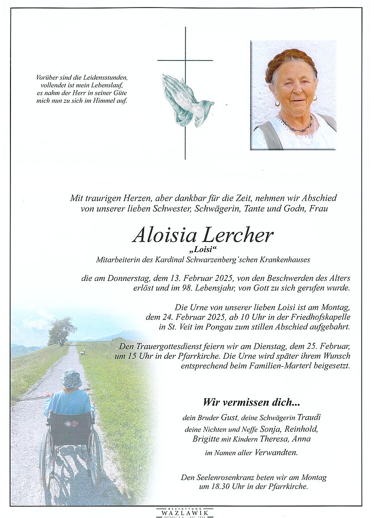 Parte von Aloisia Lercher † 13.02.2025