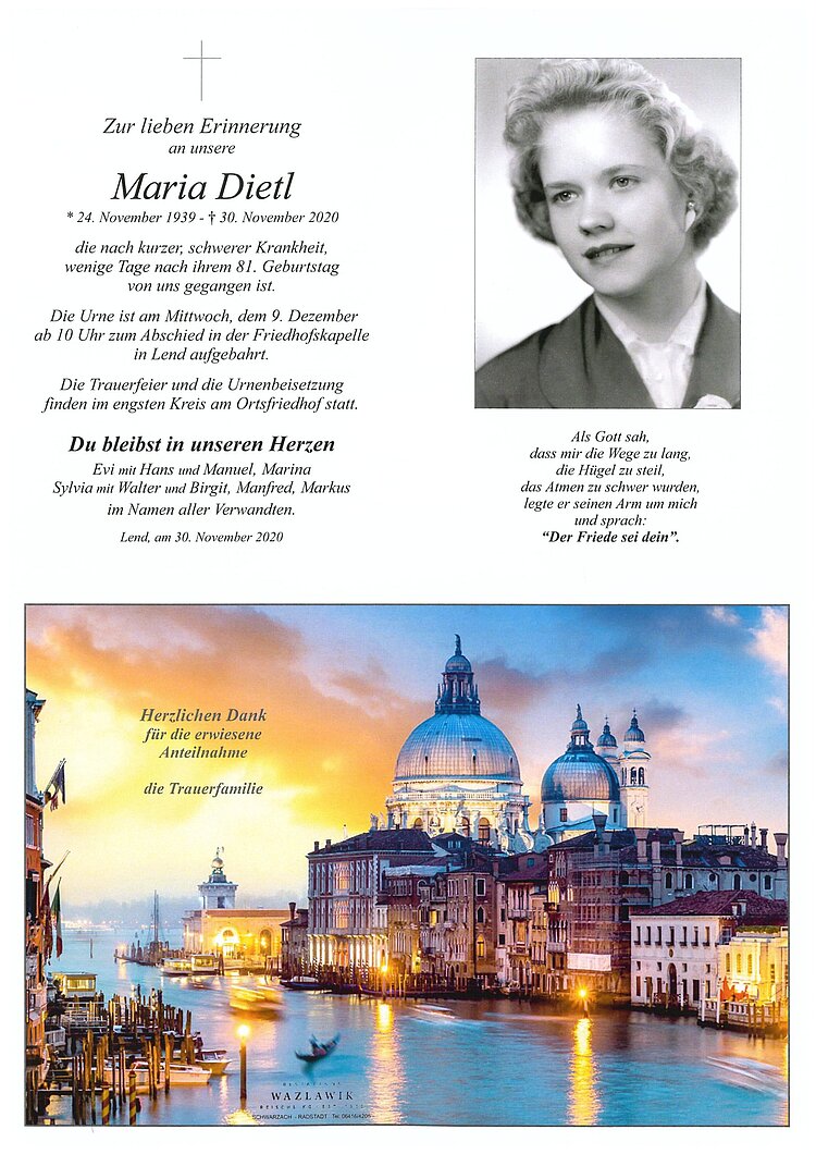 Parte von Maria Dietl † 30.11.2020