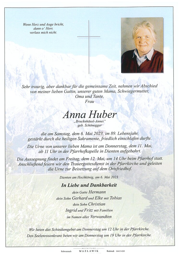 Parte von Anna Huber † 06.05.2023