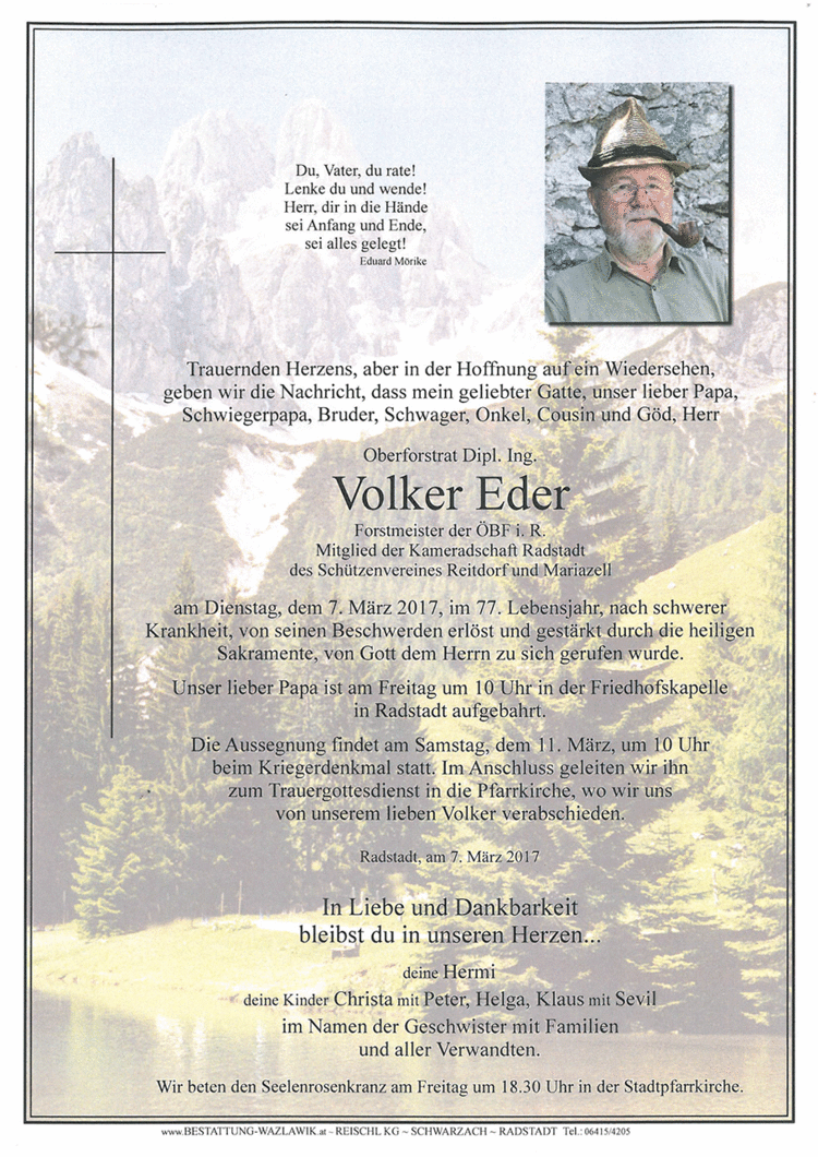 Parte von Dipl. Ing. Volker Eder † 07.03.2017