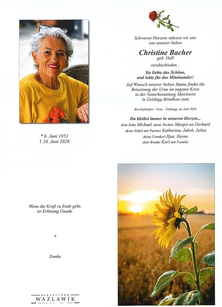 Parte von Christine Bacher † 10.06.2026
