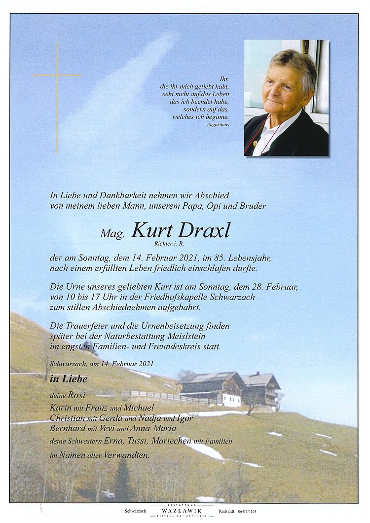 Parte von Mag. Kurt Draxl † 14.02.2021