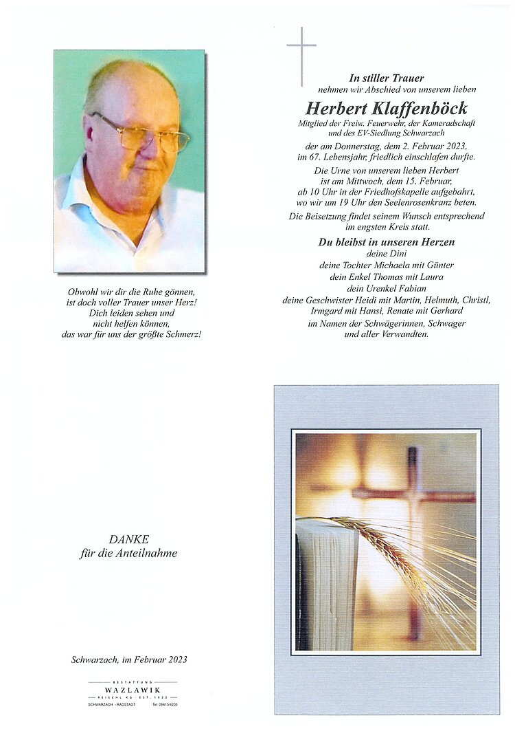Parte von Herbert Klaffenböck † 02.02.2023