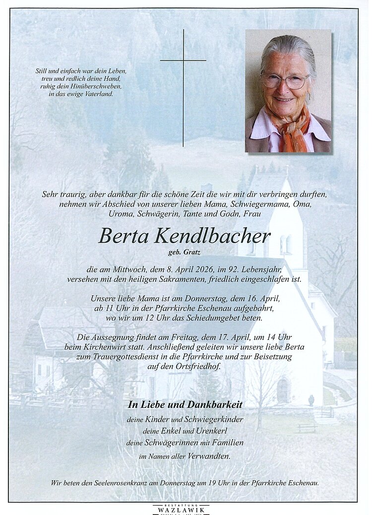 Parte von Berta Kendlbacher † 08.04.2026
