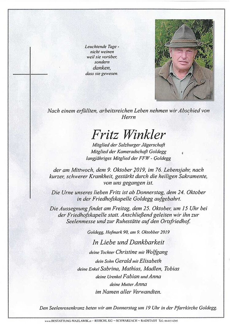 Parte von Fritz Winkler † 09.10.2019