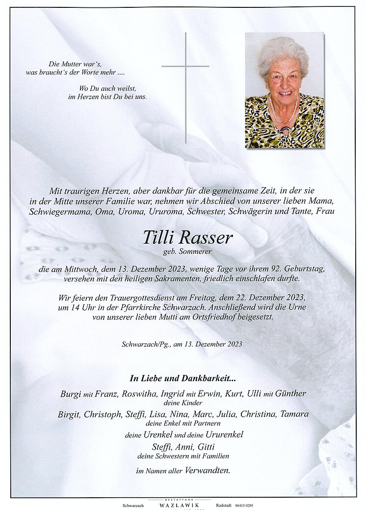 Parte von Tilli Rasser † 13.12.2023