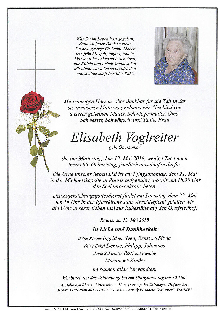Parte von Elisabeth Voglreiter † 13.05.2018