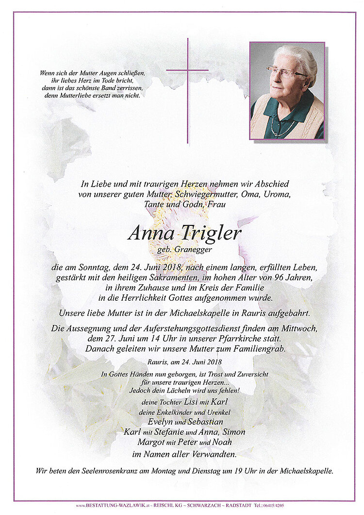 Parte von Anna Trigler † 24.06.2018