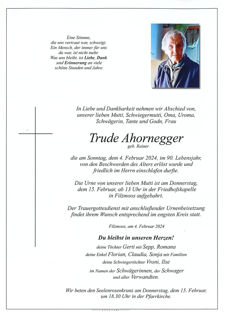 Parte von Trude Ahornegger † 04.02.2024