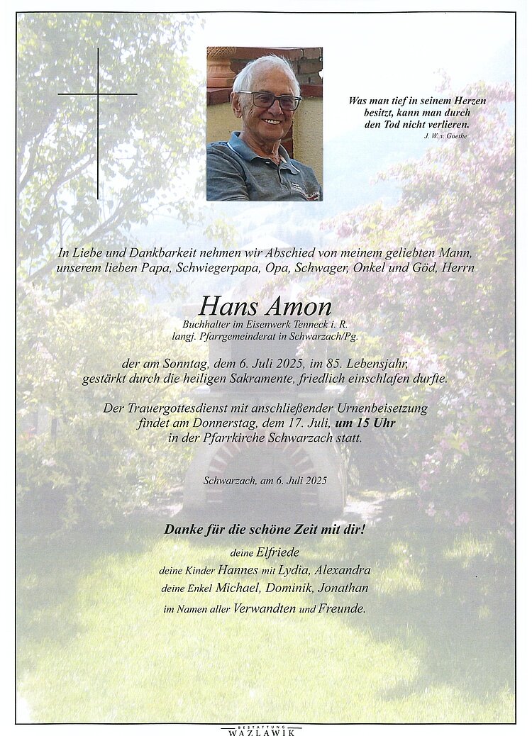 Parte von Hans Amon † 06.07.2025