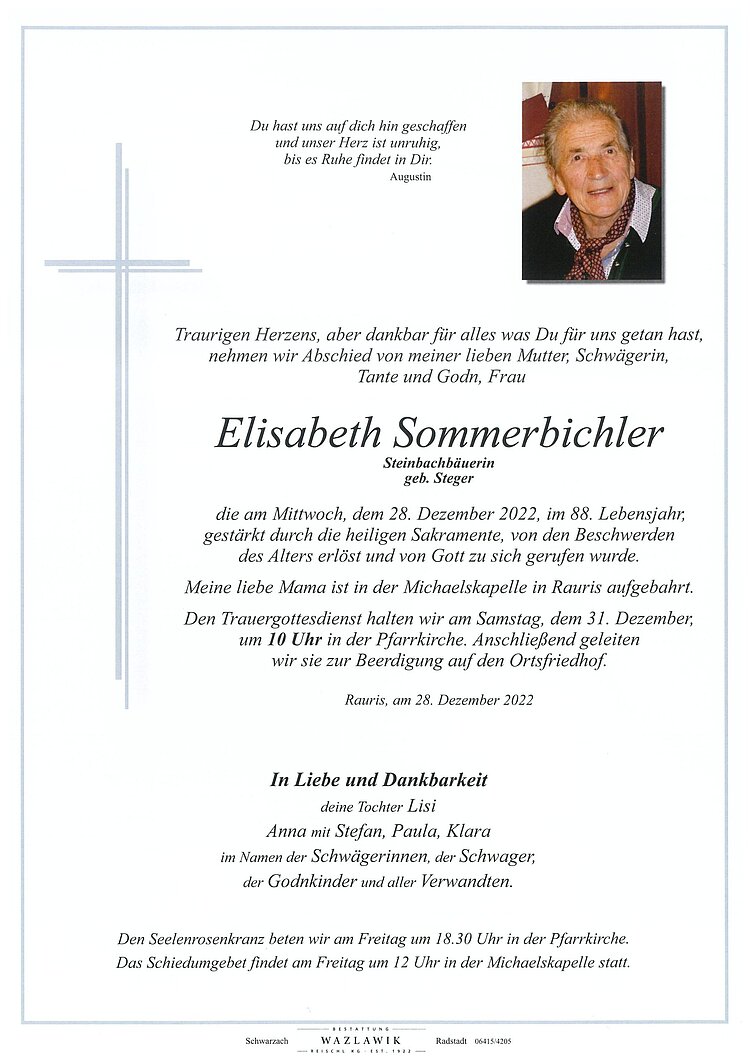 Parte von Elisabeth Sommerbichler † 28.12.2022