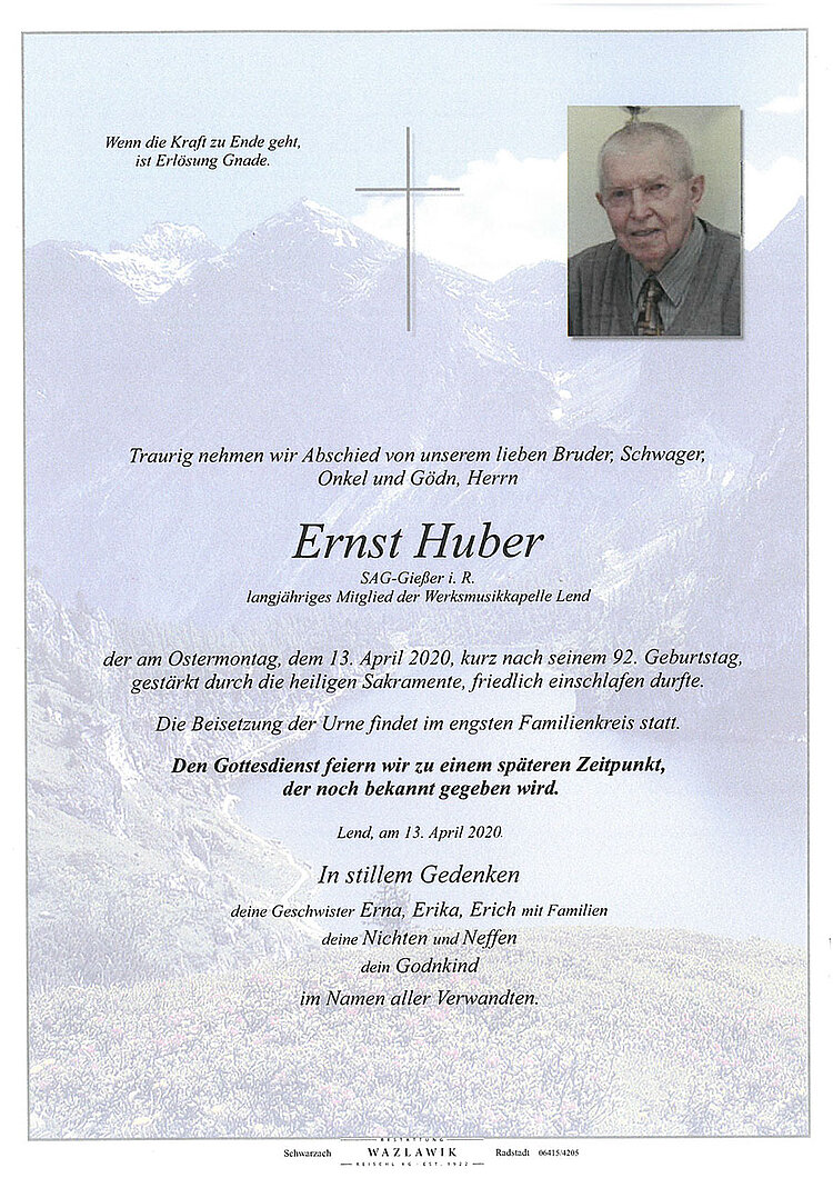 Parte von Ernst Huber † 13.04.2020