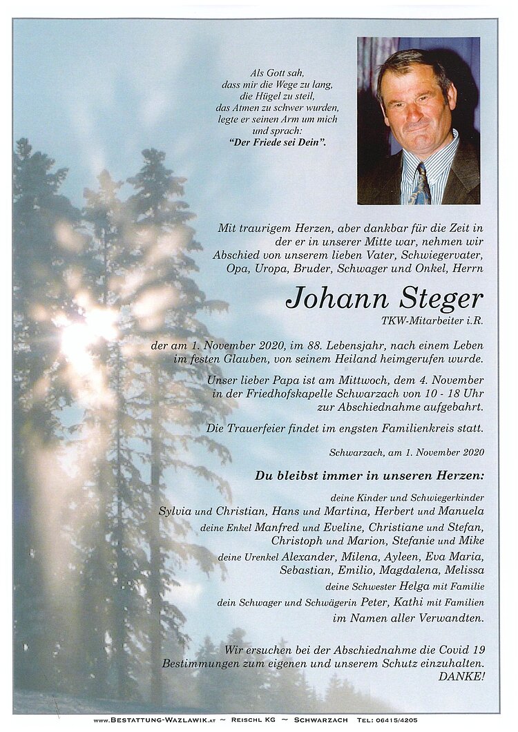 Parte von Johann Steger † 01.11.2020