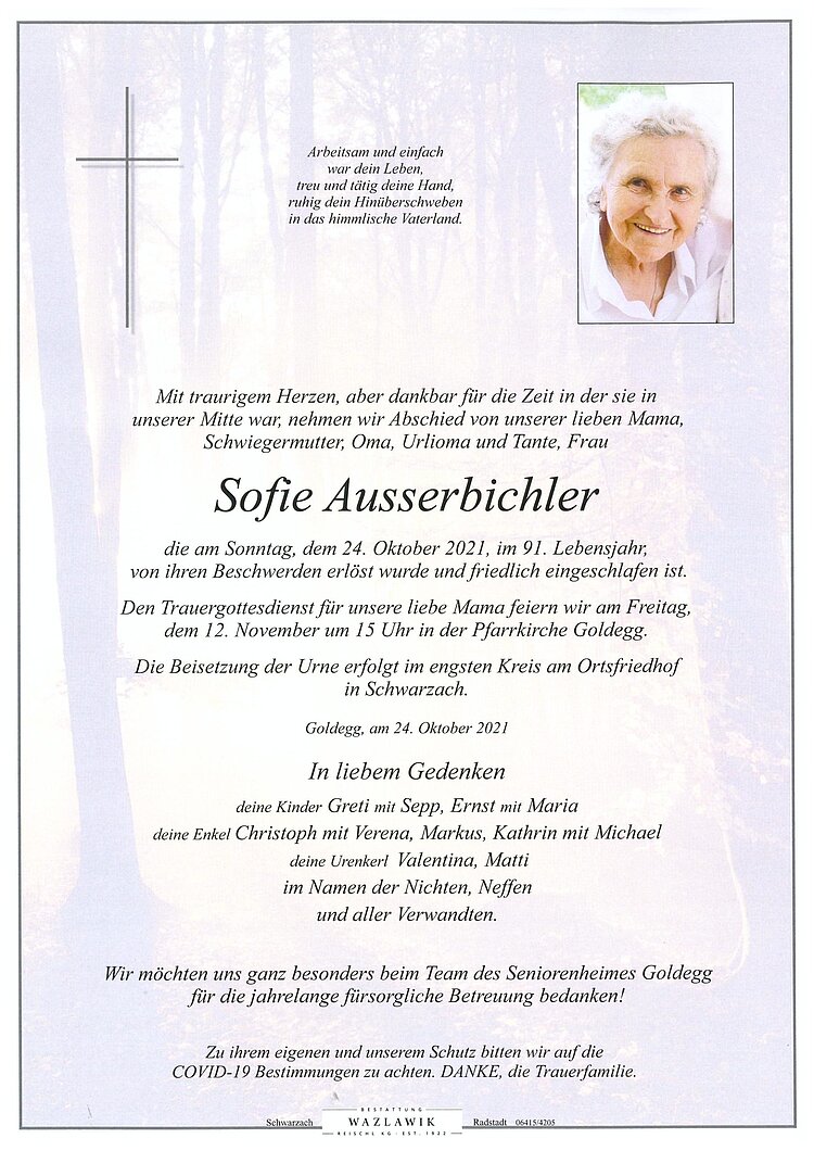 Parte von Sofie Ausserbichler † 24.10.2021