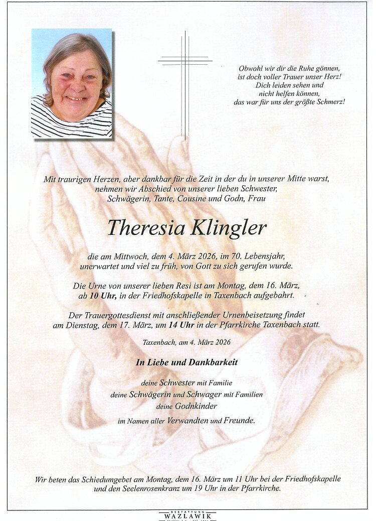Parte von Theresia Klingler † 04.03.2026