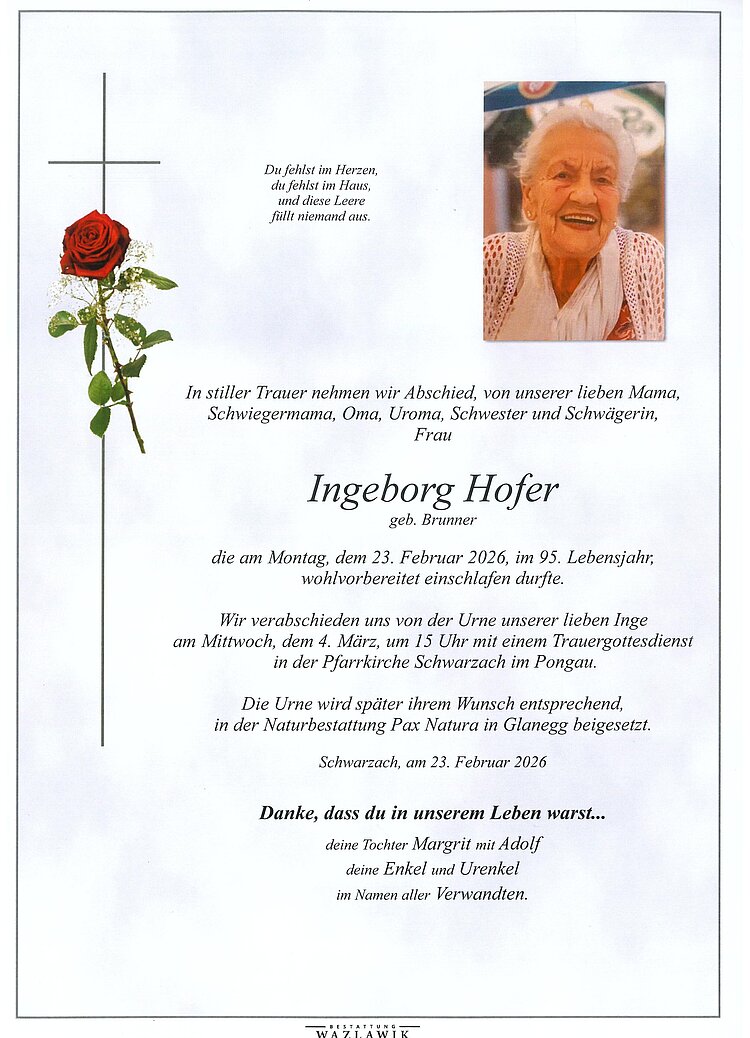 Parte von Ingeborg Hofer † 23.02.2026