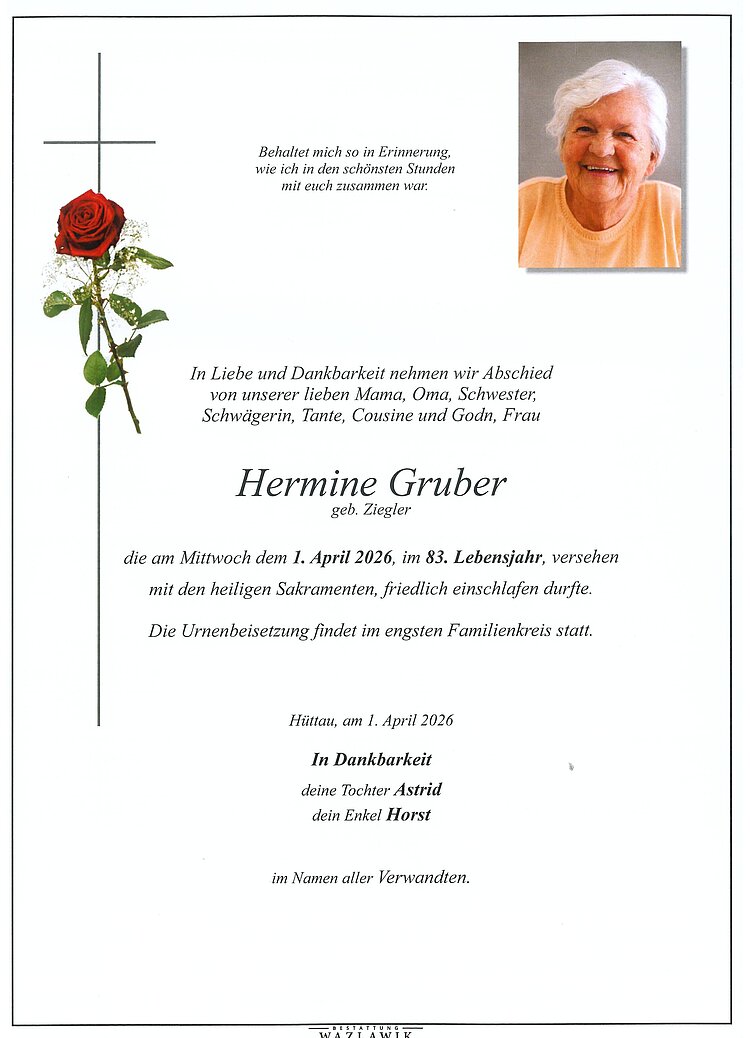 Parte von Hermine Gruber † 01.04.2026