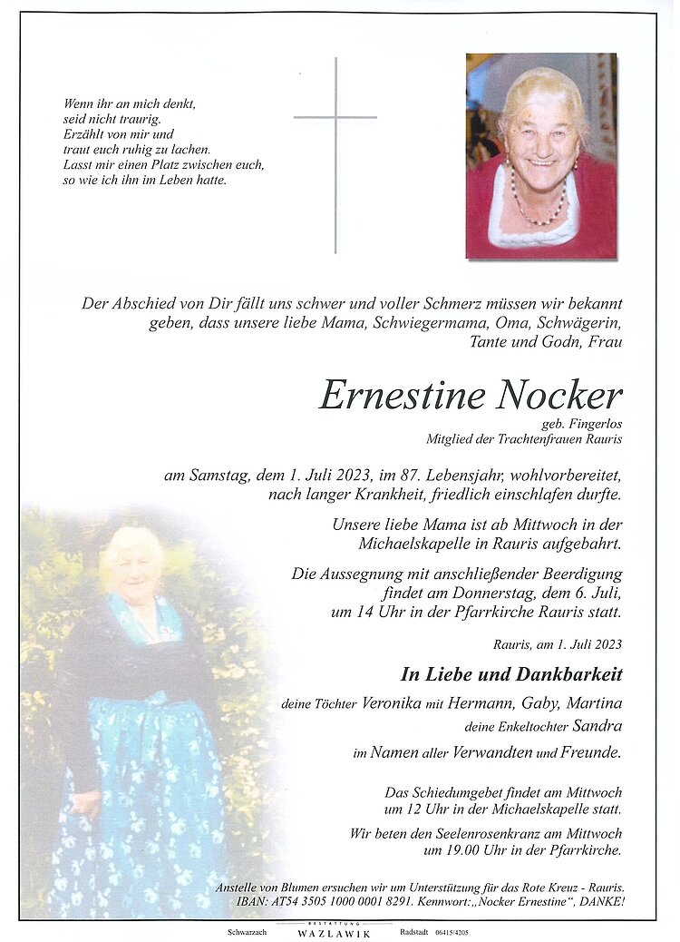Parte von Ernestine Nocker † 01.07.2023