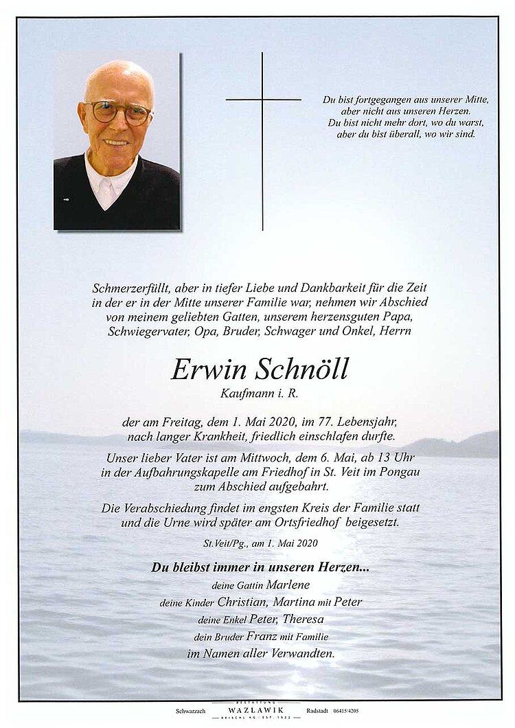Parte von Erwin Schnöll † 01.05.2020