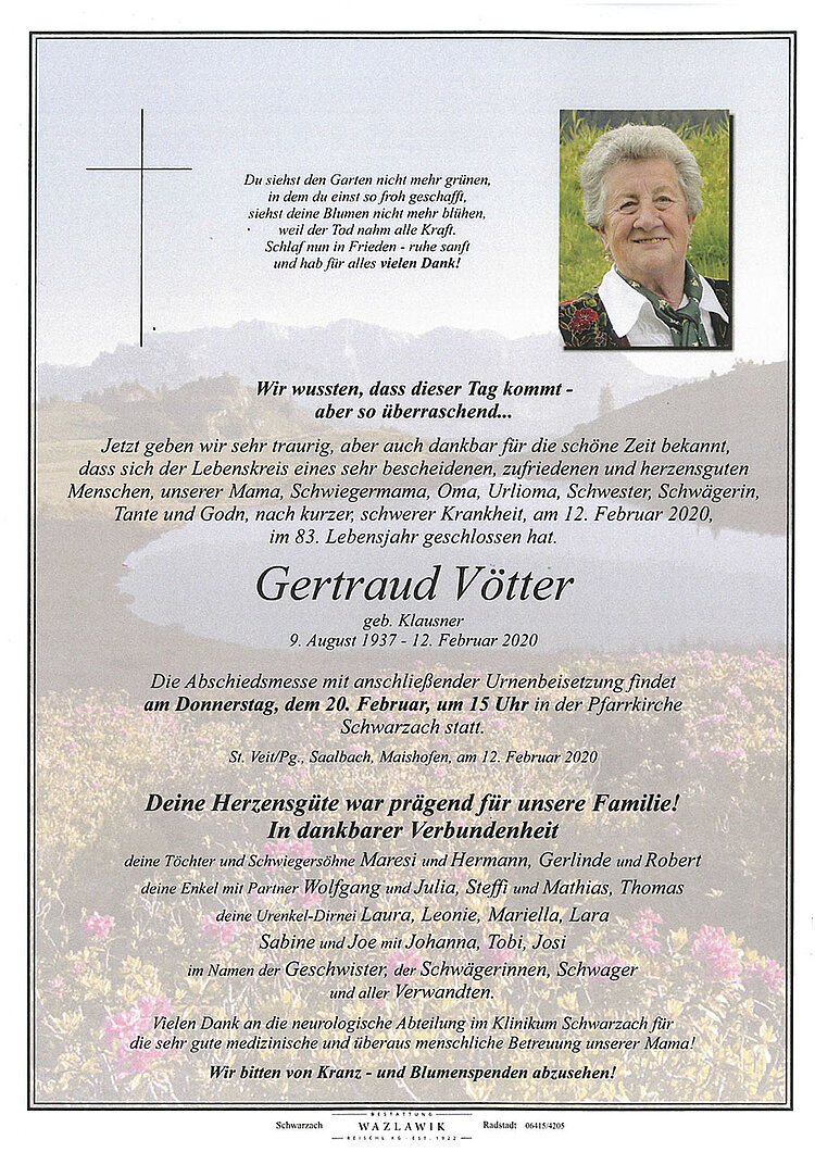 Parte von Gertraud Vötter † 12.02.2020