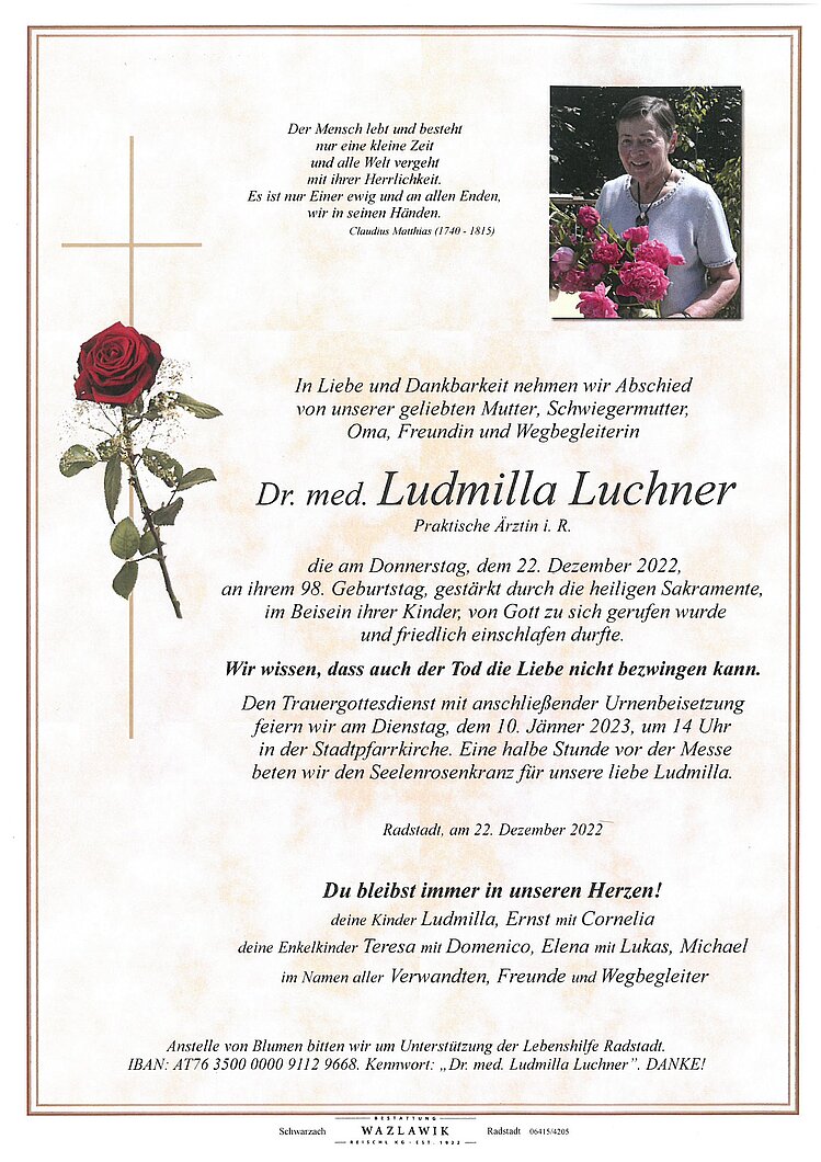 Parte von Dr. med. Ludmilla Luchner † 22.12.2022